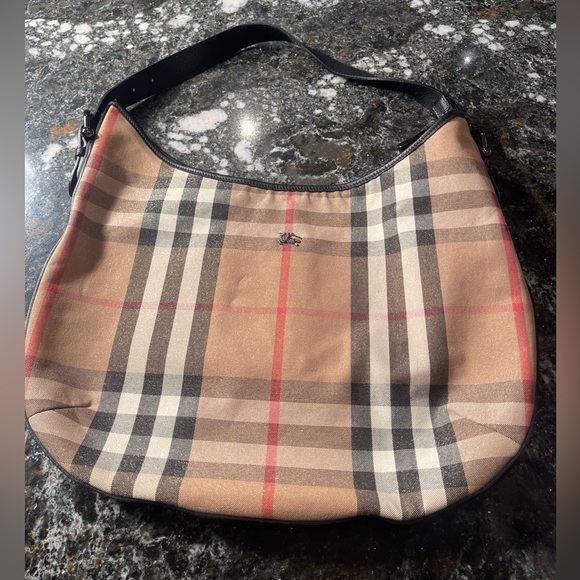 Authentic Burberry metallic gold and Black Plaid nova check leather hobo bag - Picture 1 of 9